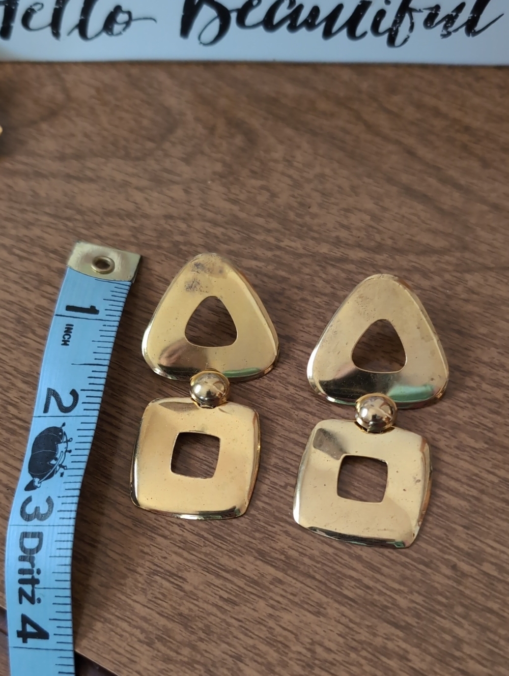 Vintage Gold Tone Geometric Cutout Statement Earrings Retro Chic Drop Dangle - Picture 7 of 7